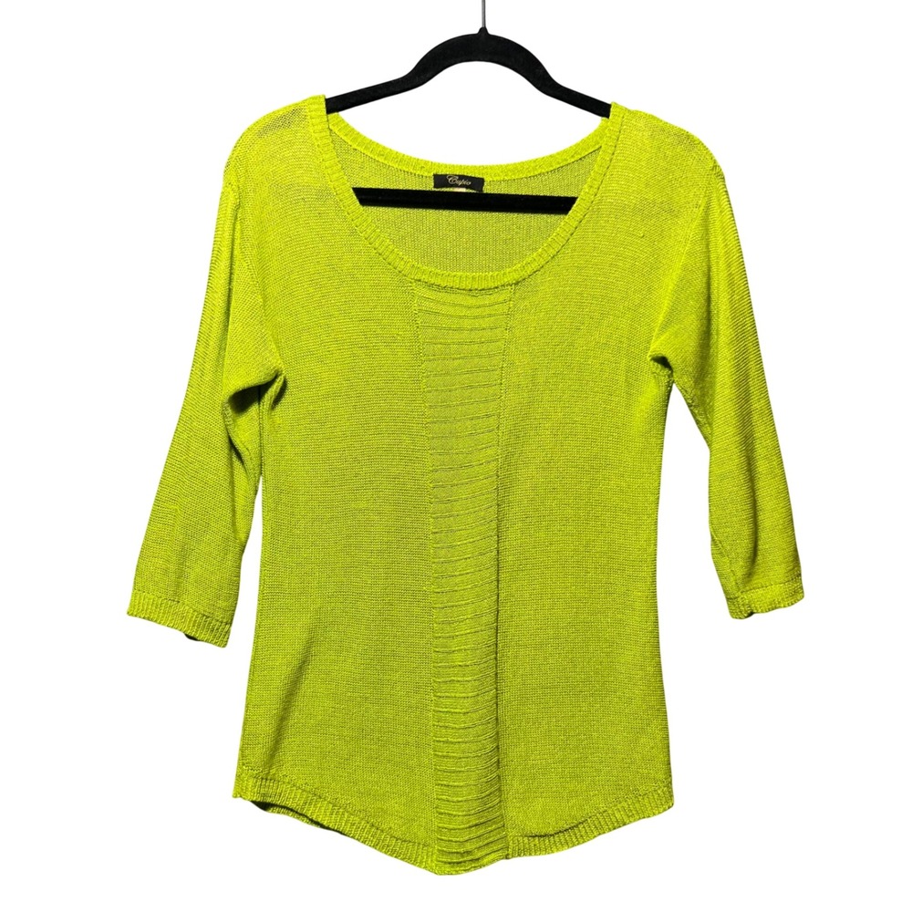 Cupio Sheer Knit Top Lime Green Linen Blend 3/4 Sleeve Lightweight S‎ Scoop Neck